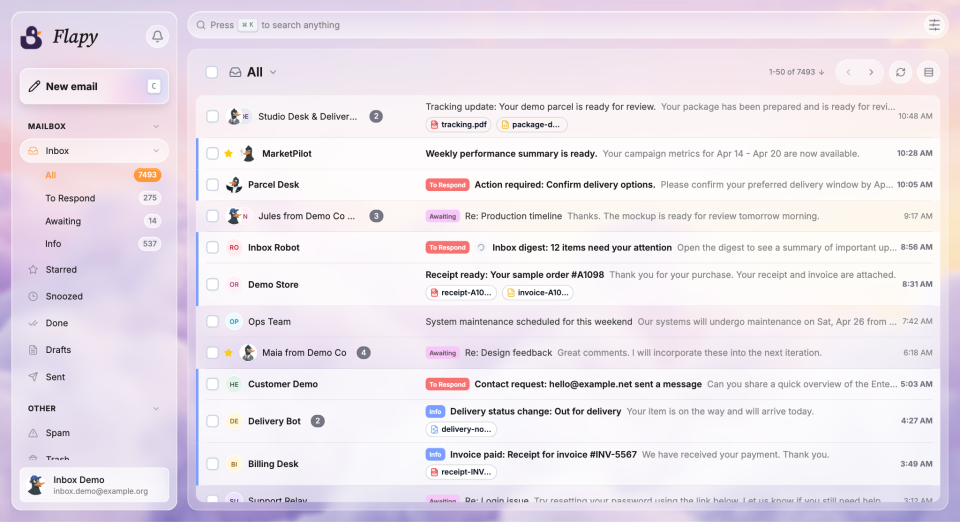 Flapy AI email assistant sorting a Gmail and Outlook support inbox into to-respond, awaiting-reply and informational categories